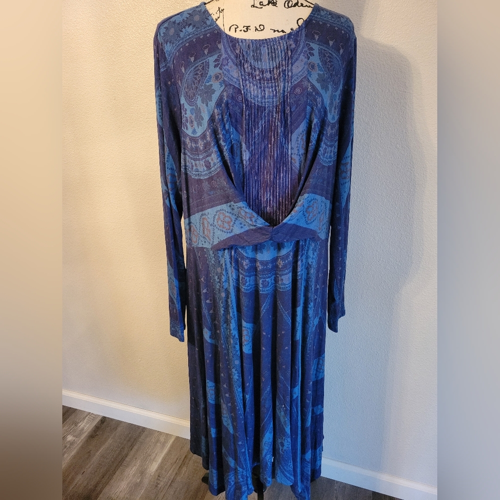 SOFT SURROUNDINGS Sitarra Blue Jersey Knit Long Sleeve Maxi Dress Size 1X
